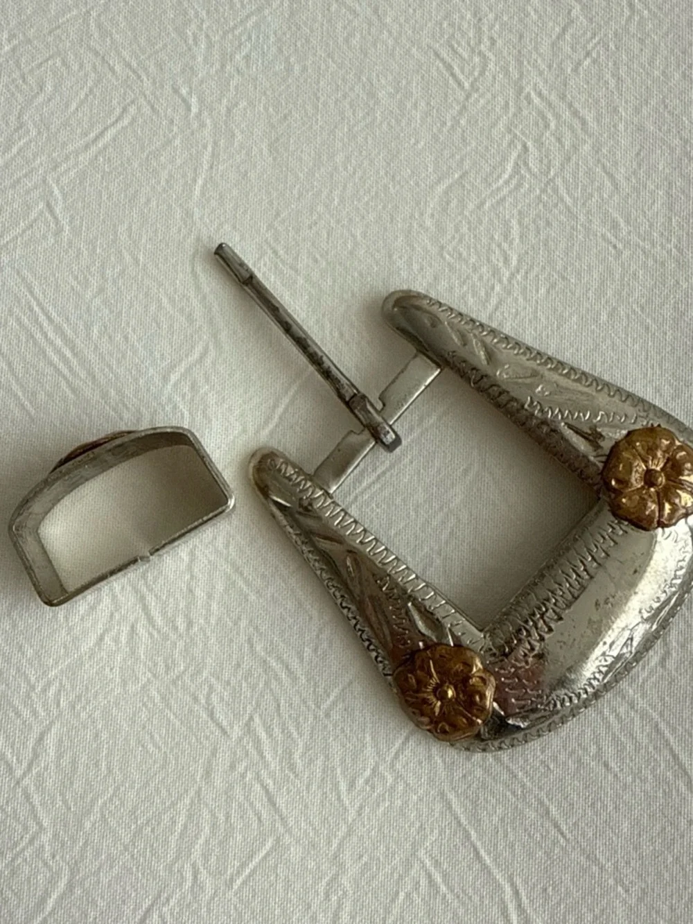 Two-Tone Nickel Silver and Gold Floral Western Belt Buckle Set